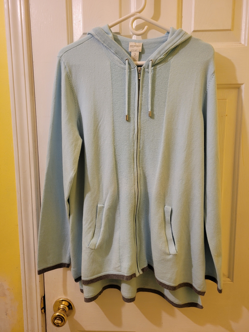 Zenergy By Chico's Full ZIP Hooded Sweater Si,e 2 (L12/14) Aqua Gray Trim
